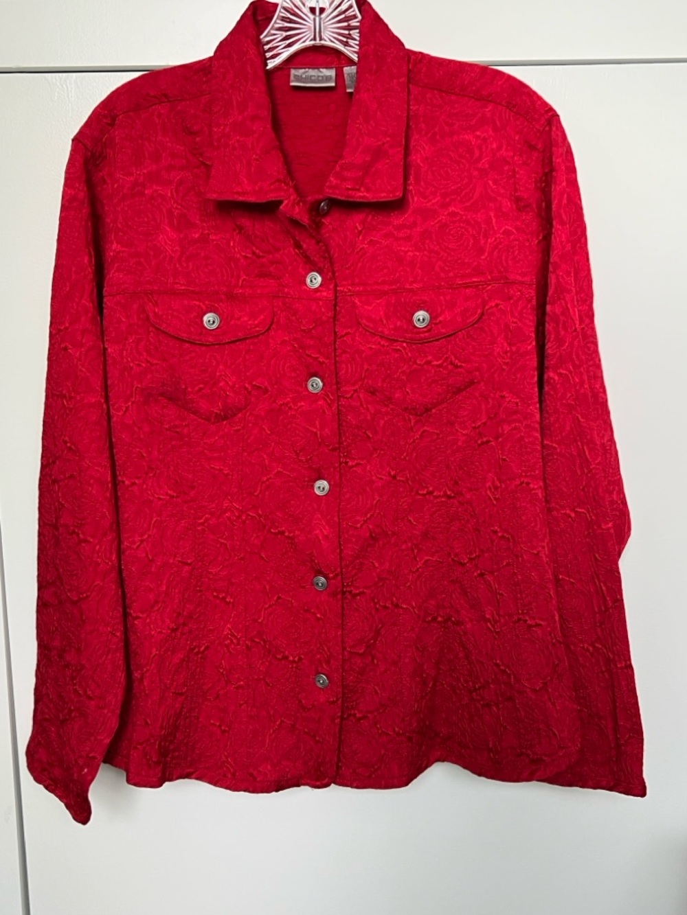 Chico’s Women's Red Button-Front Textured Shirt Jacket